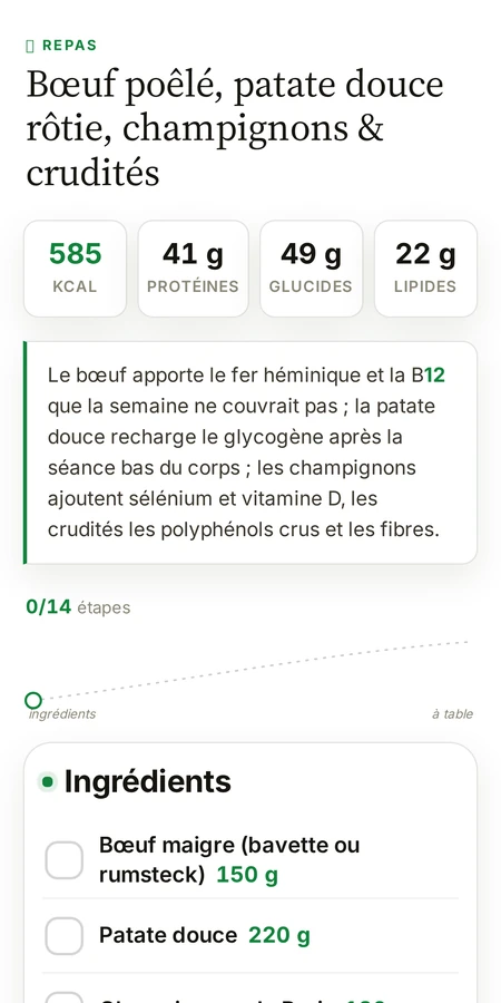 Fiche repas de l'app : calories, macros, explication nutritionnelle et liste d'ingrédients.