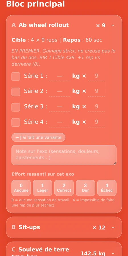 Fiche de séance de l'app : bloc principal, exercices, séries et charges à saisir.